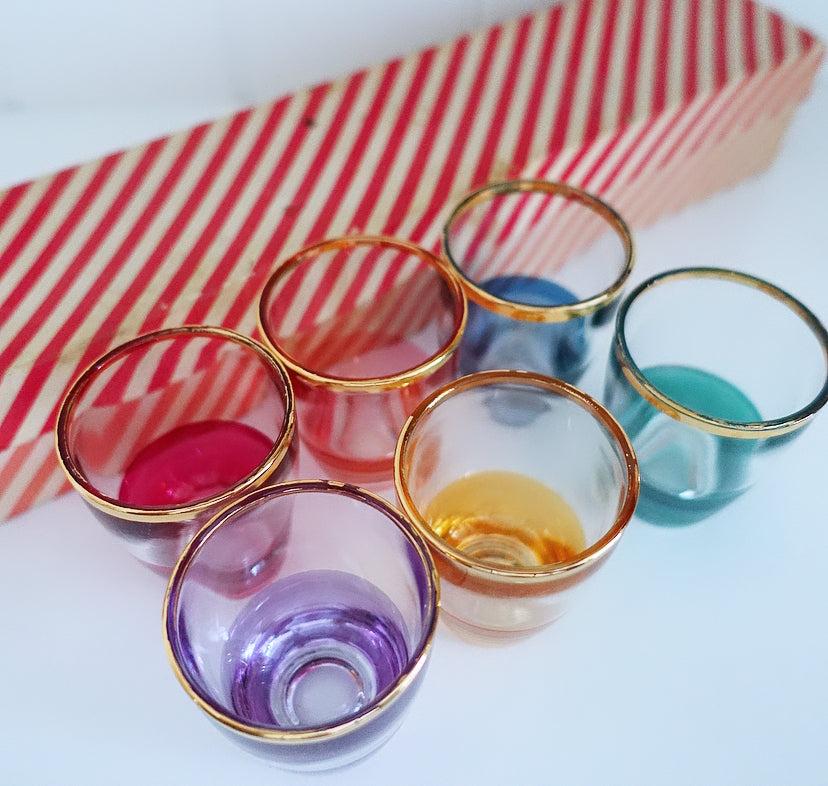 Set of six harlequin iridescent shot glasses