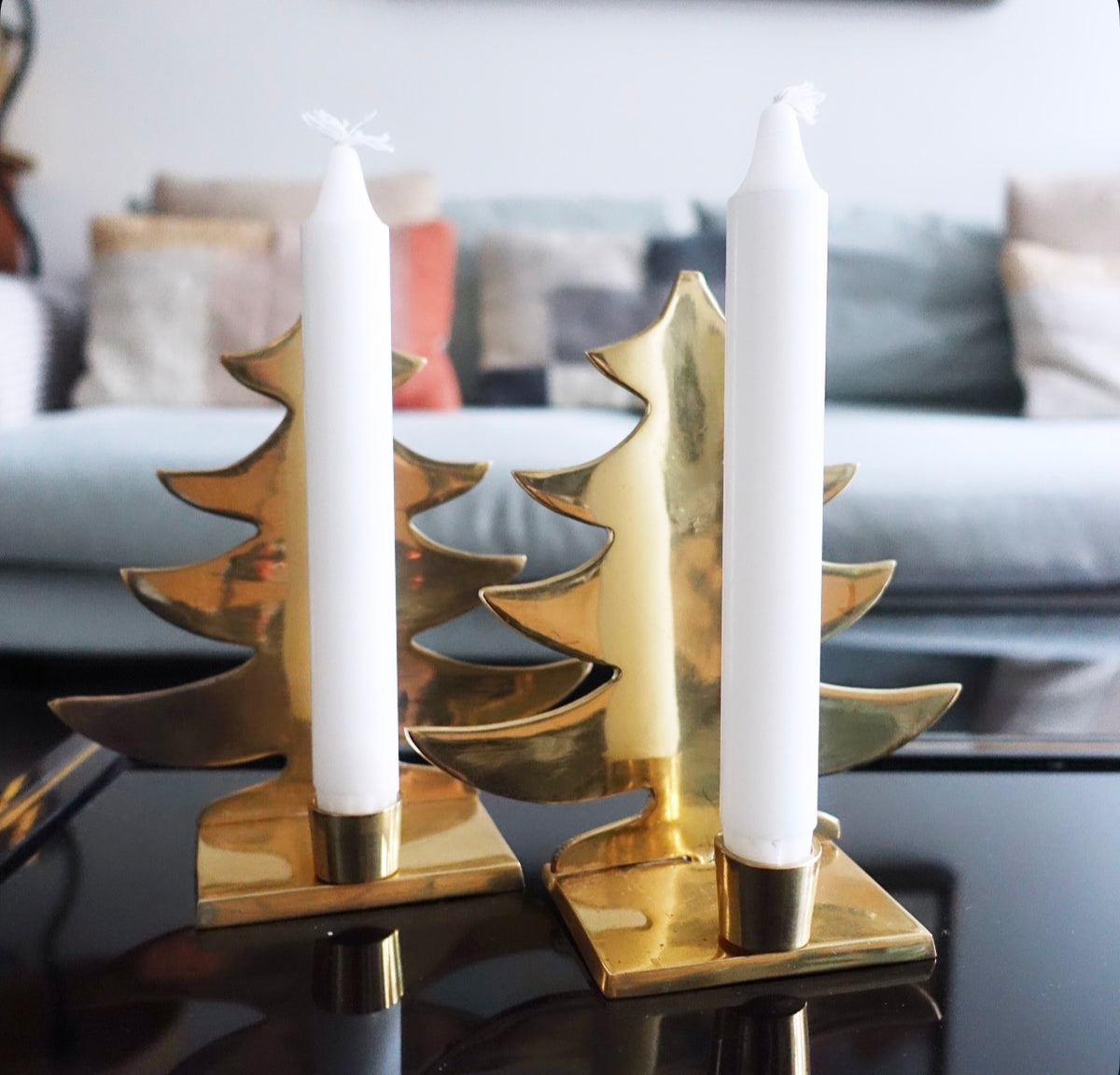 Pair of large brass Christmas tree candle holders