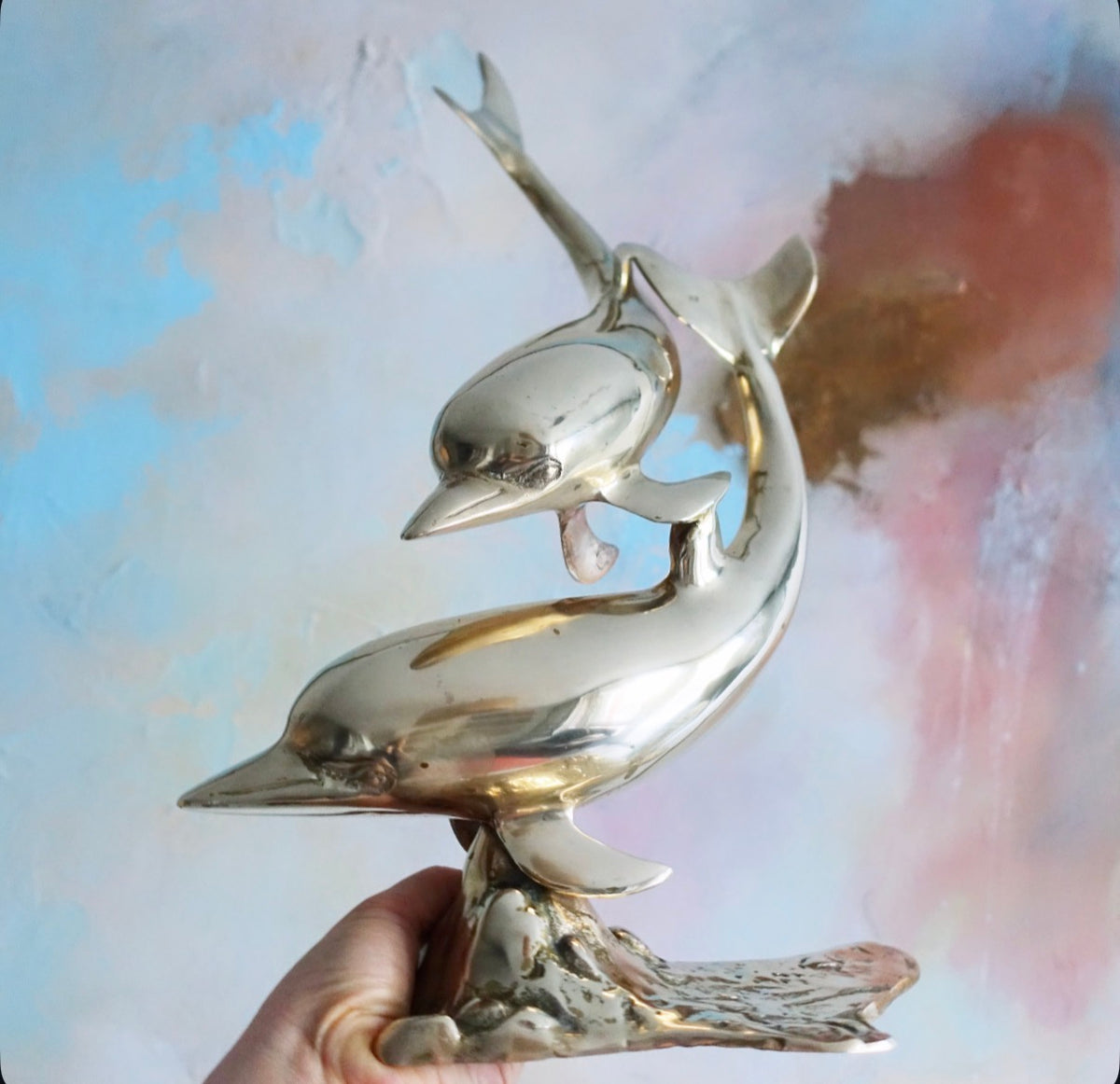 XL double brass dolphin sculpture