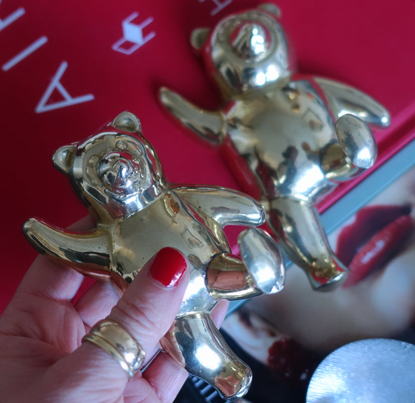 Set of two brass teddy bear wall hooks