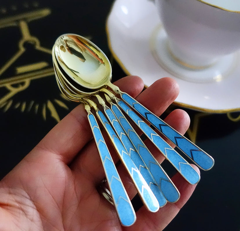 Set of six Art Deco silver hallmarked & enamel spoons