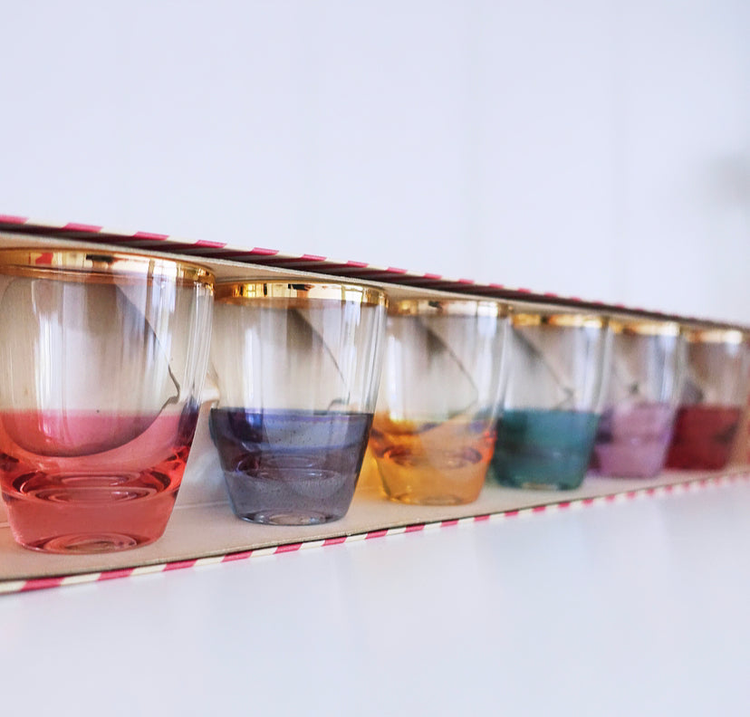 Set of six harlequin iridescent shot glasses