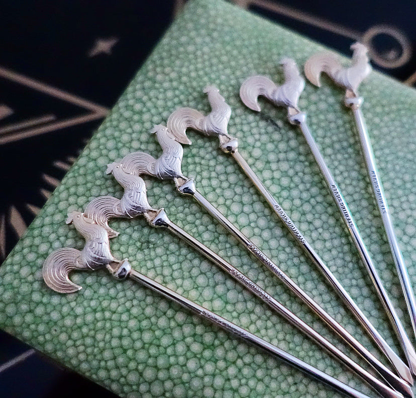 Set of six Art Deco Sterling silver cockerel cocktail sticks