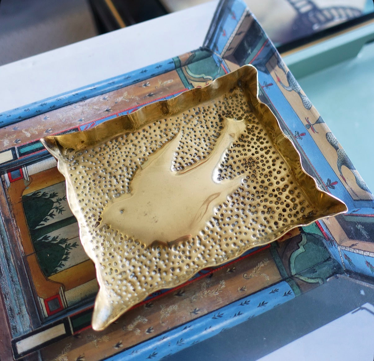 Brass repoussé swallow trinket dish