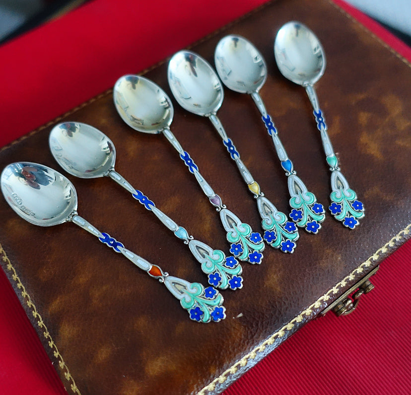 Art Deco silver & enamel flower spoons