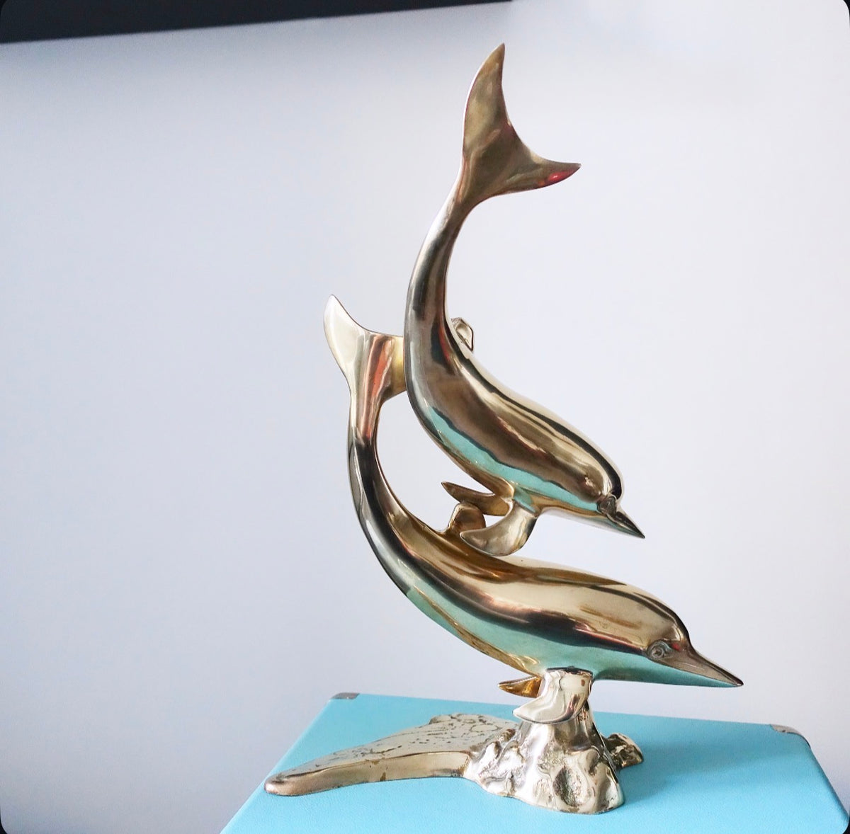 XL double brass dolphin sculpture