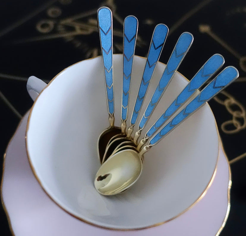 Set of six Art Deco silver hallmarked & enamel spoons