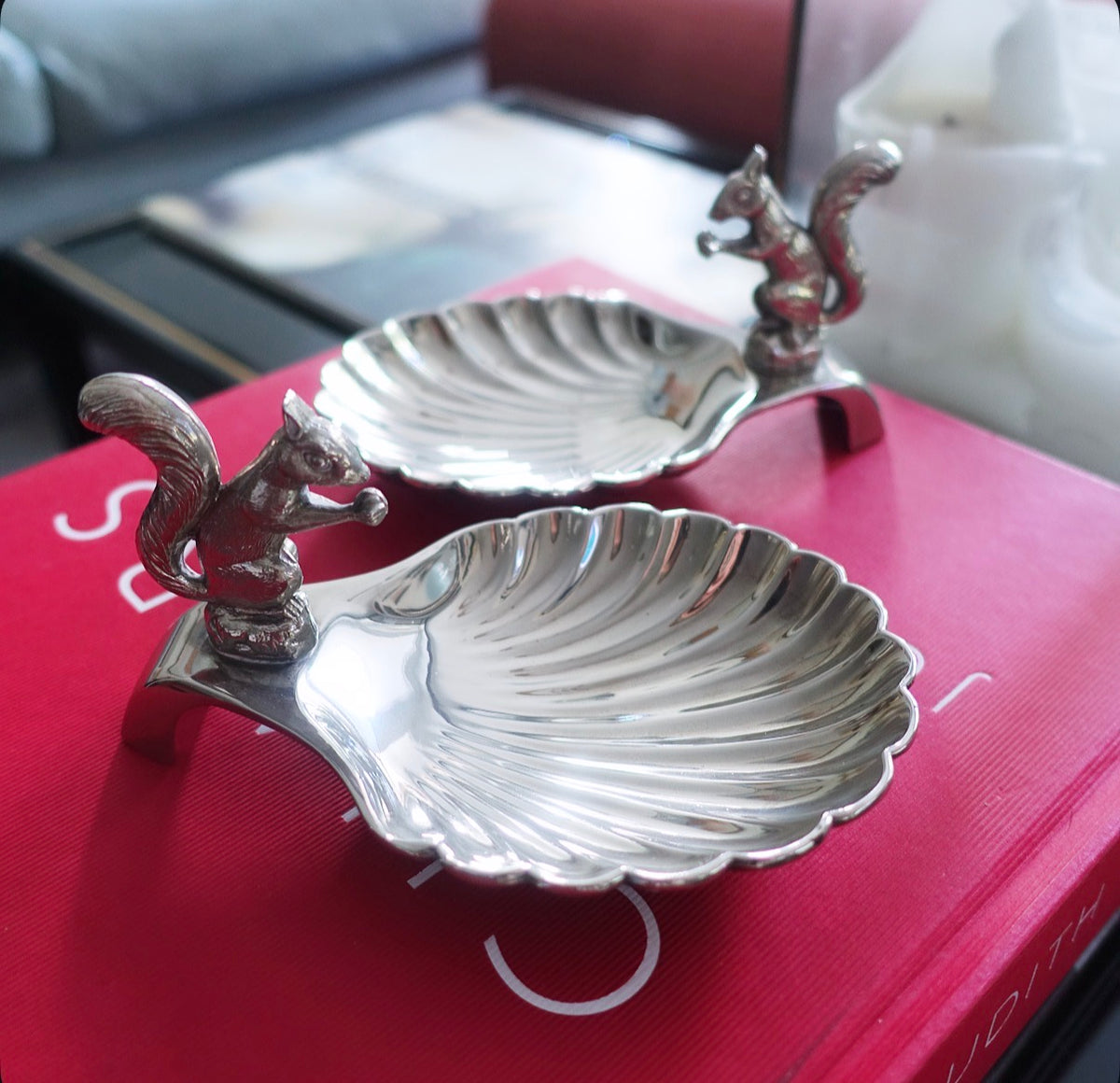 Pair of silver plated squirrel nut dishes