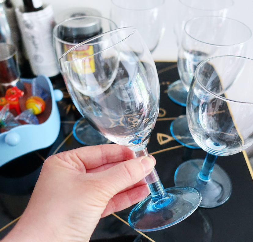 Set of six blue stem wine glasses