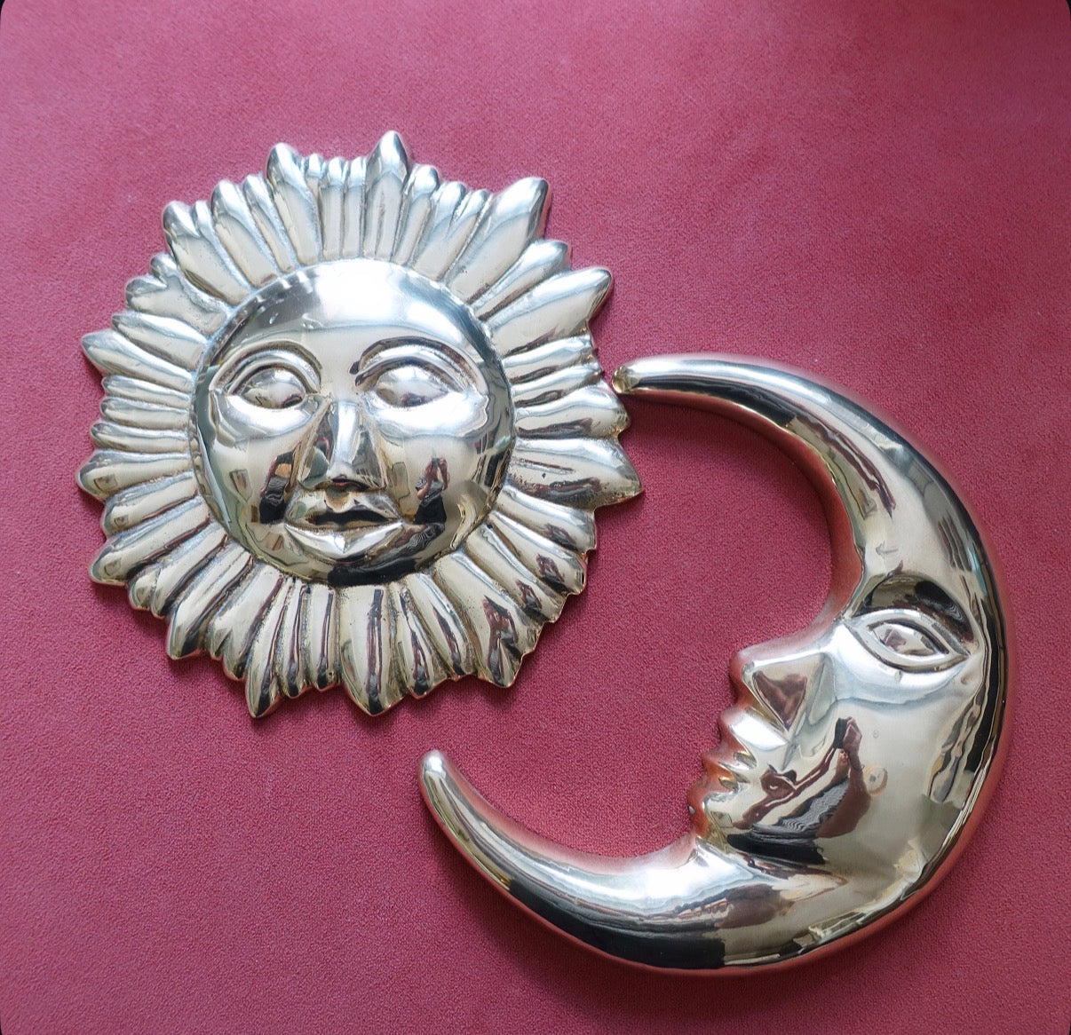 Brass sun & moon wall plaque set