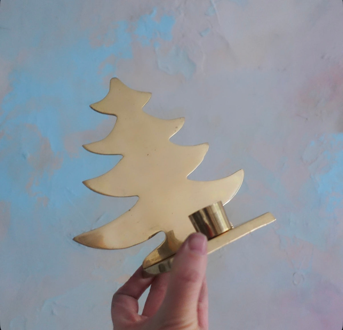 Pair of large brass Christmas tree candle holders