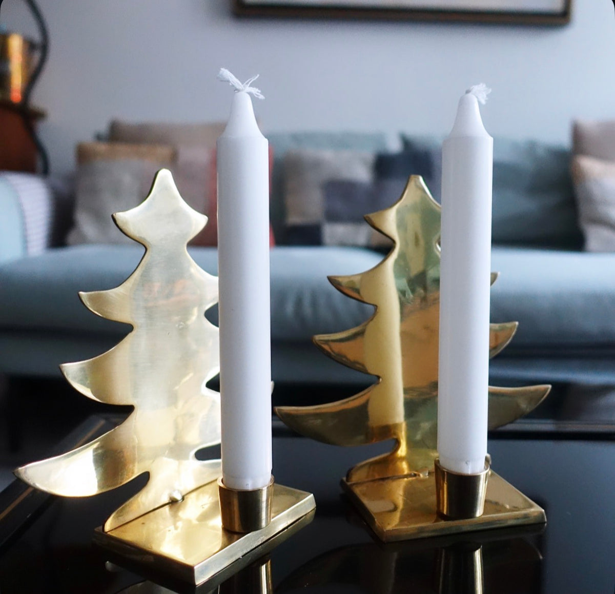 Pair of large brass Christmas tree candle holders