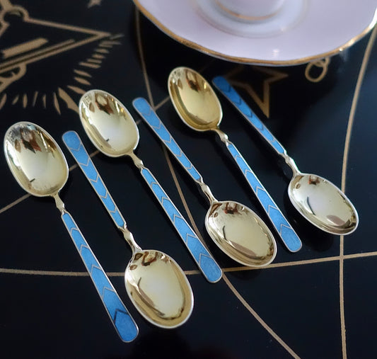 Set of six Art Deco silver hallmarked & enamel spoons