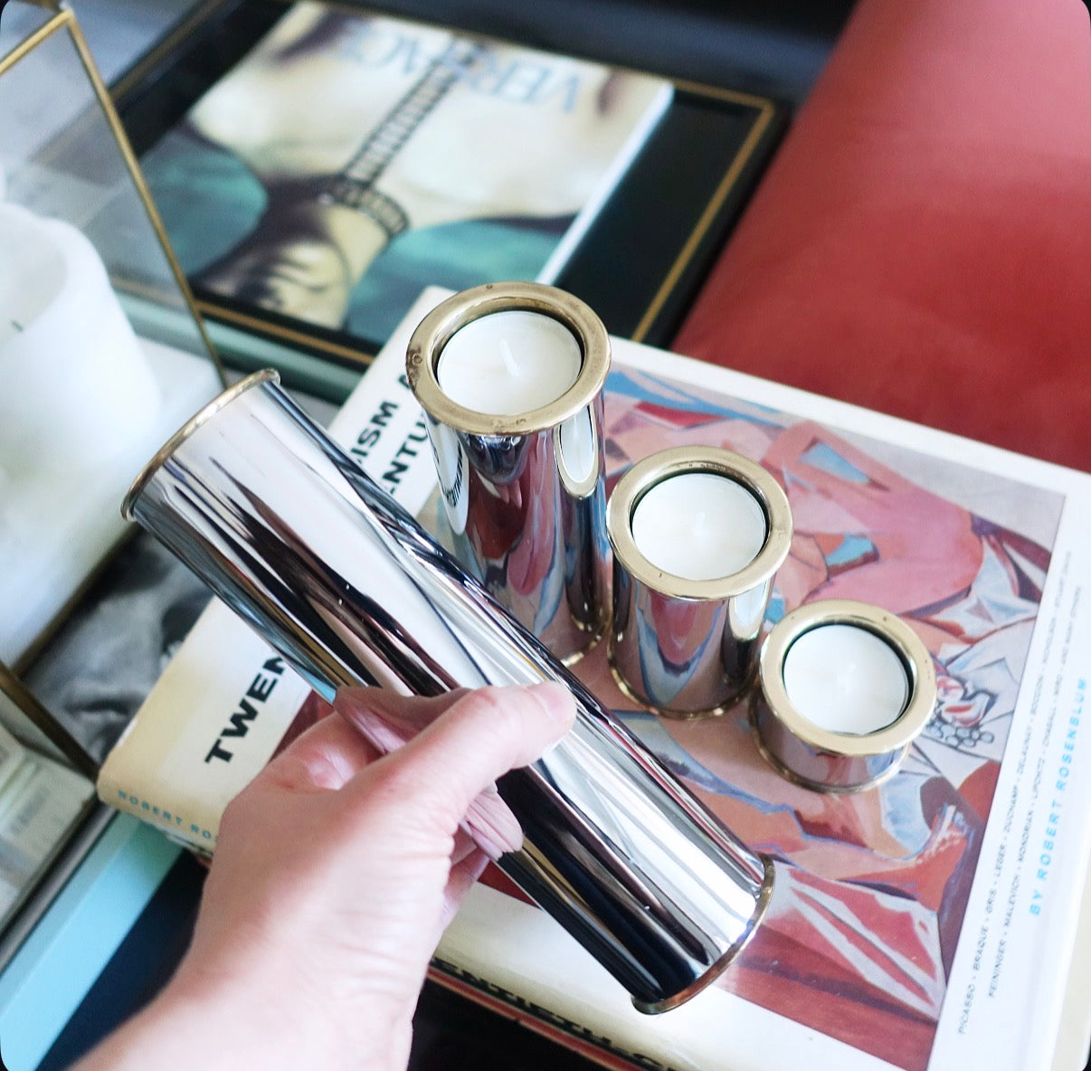 Swedish chrome & brass candle holder set