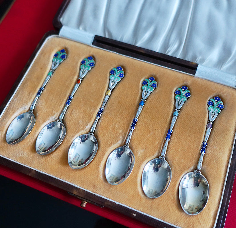 Art Deco silver & enamel flower spoons