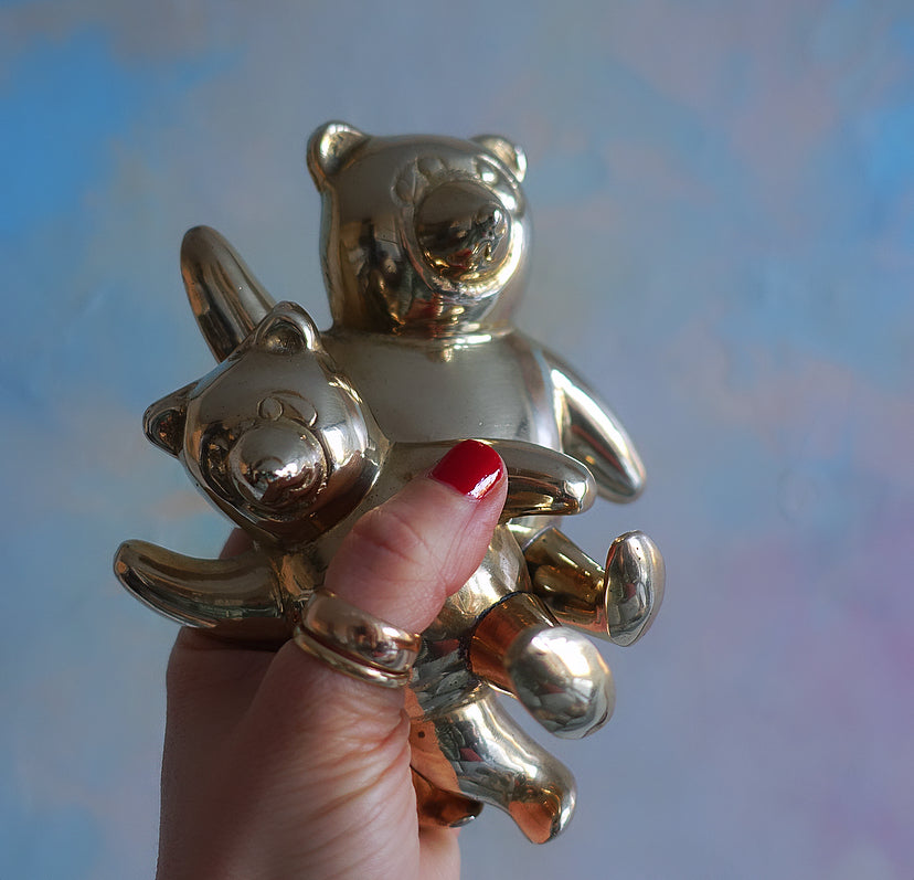 Set of two brass teddy bear wall hooks