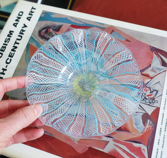 Blue & white Zanfirico Murano glass Bon Bon dish