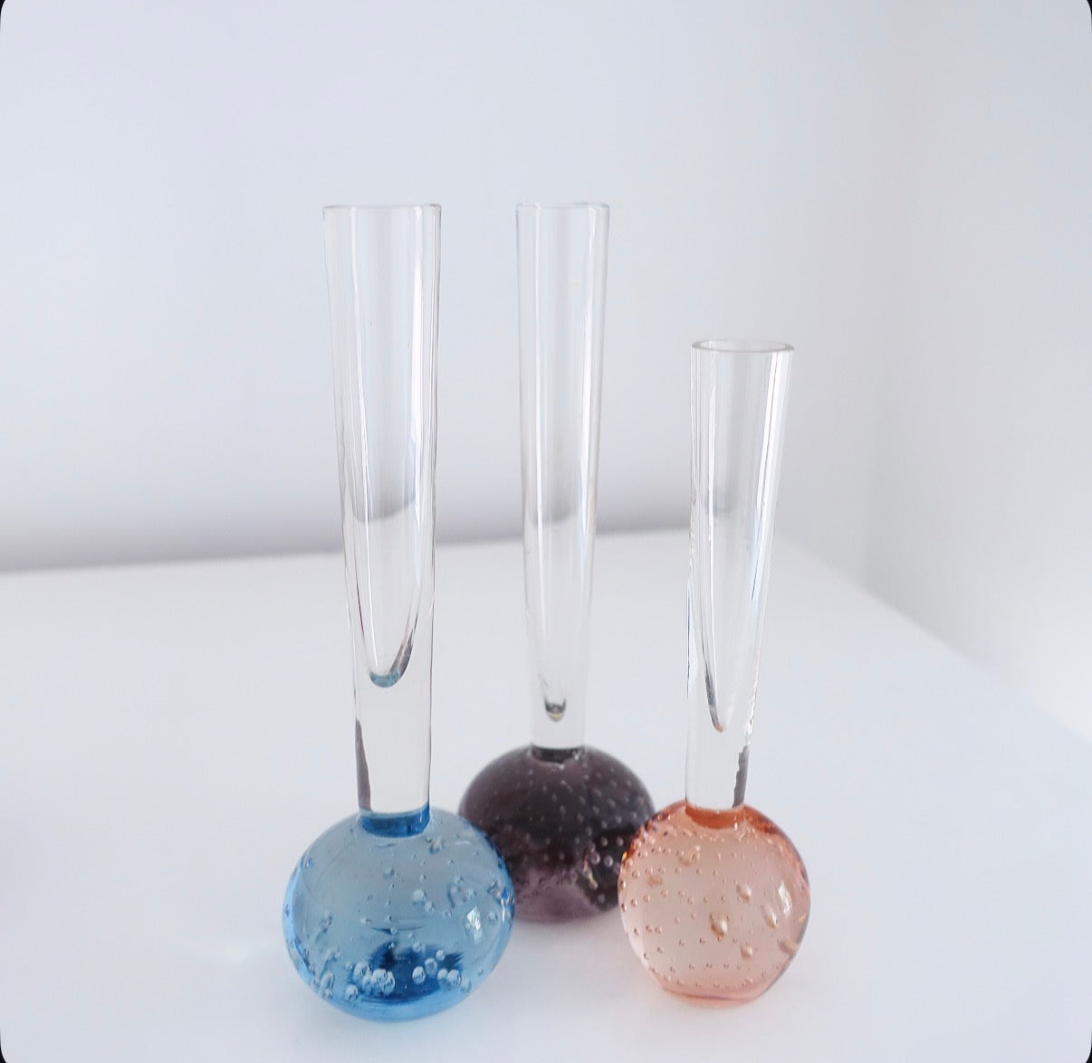 Set of three bubble glass bud vases (blue, purple,pink)