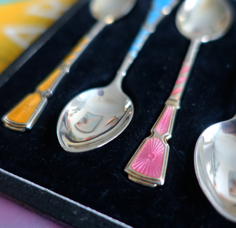 Mid-Century English Silver hallmarked & rainbow enamel spoon set