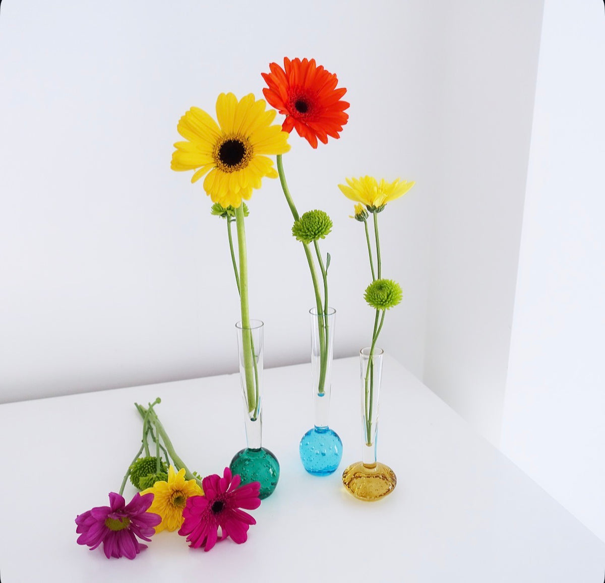 Set of three bubble glass bud vases (green, blue, yellow)