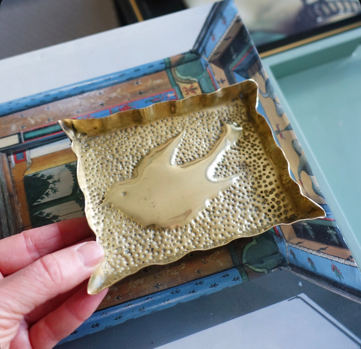 Brass repoussé swallow trinket dish