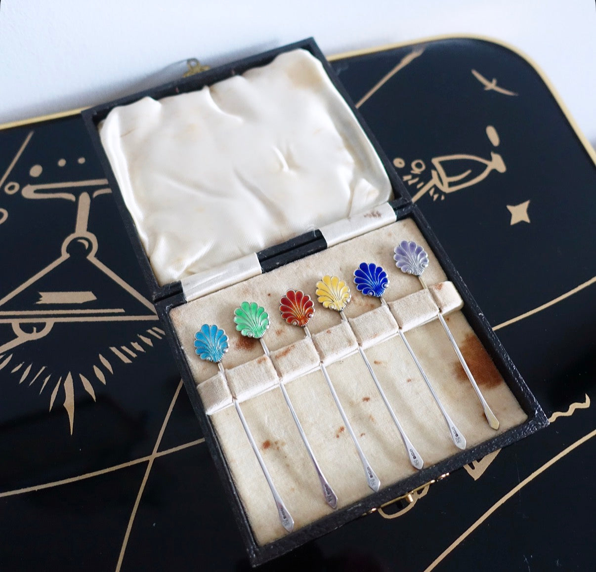Silver hallmarked & rainbow enamel shell cocktail stick set
