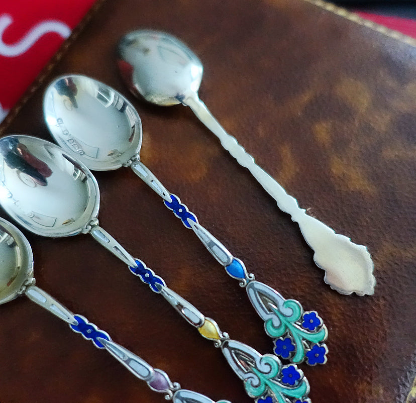 Art Deco silver & enamel flower spoons