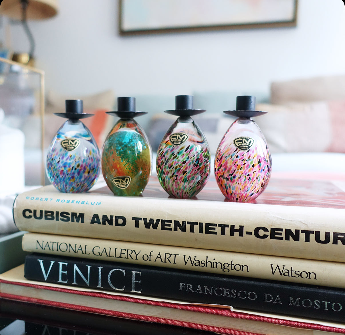 Set of four Swedish art glass candle holders