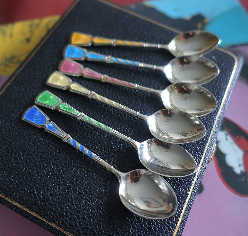 Mid-Century English Silver hallmarked & rainbow enamel spoon set