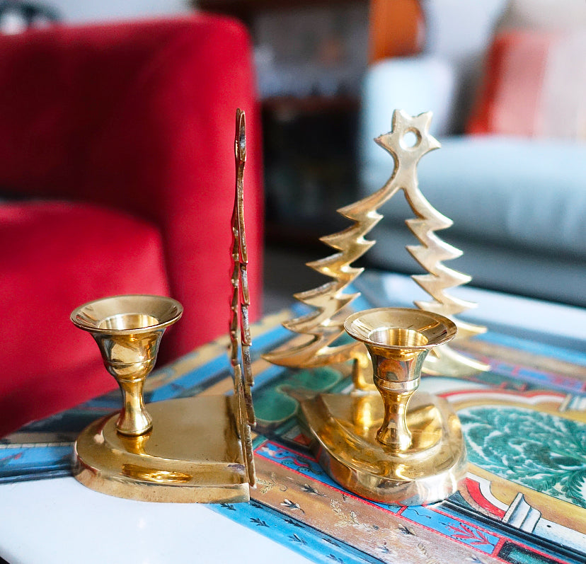 Pair of brass Christmas tree candle holders