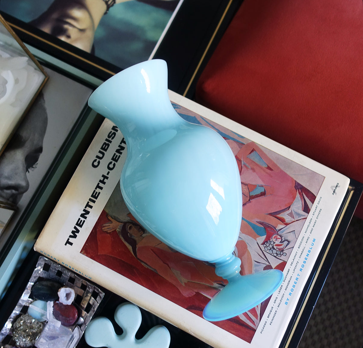 Blue swirl opaline glass vase