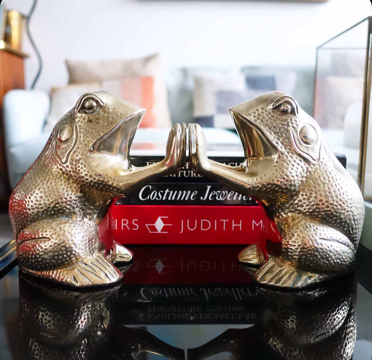 Pair of brass frog bookends