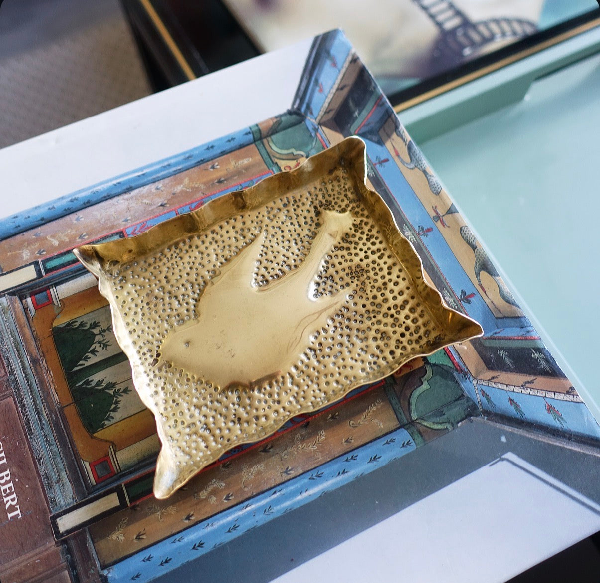 Brass repoussé swallow trinket dish