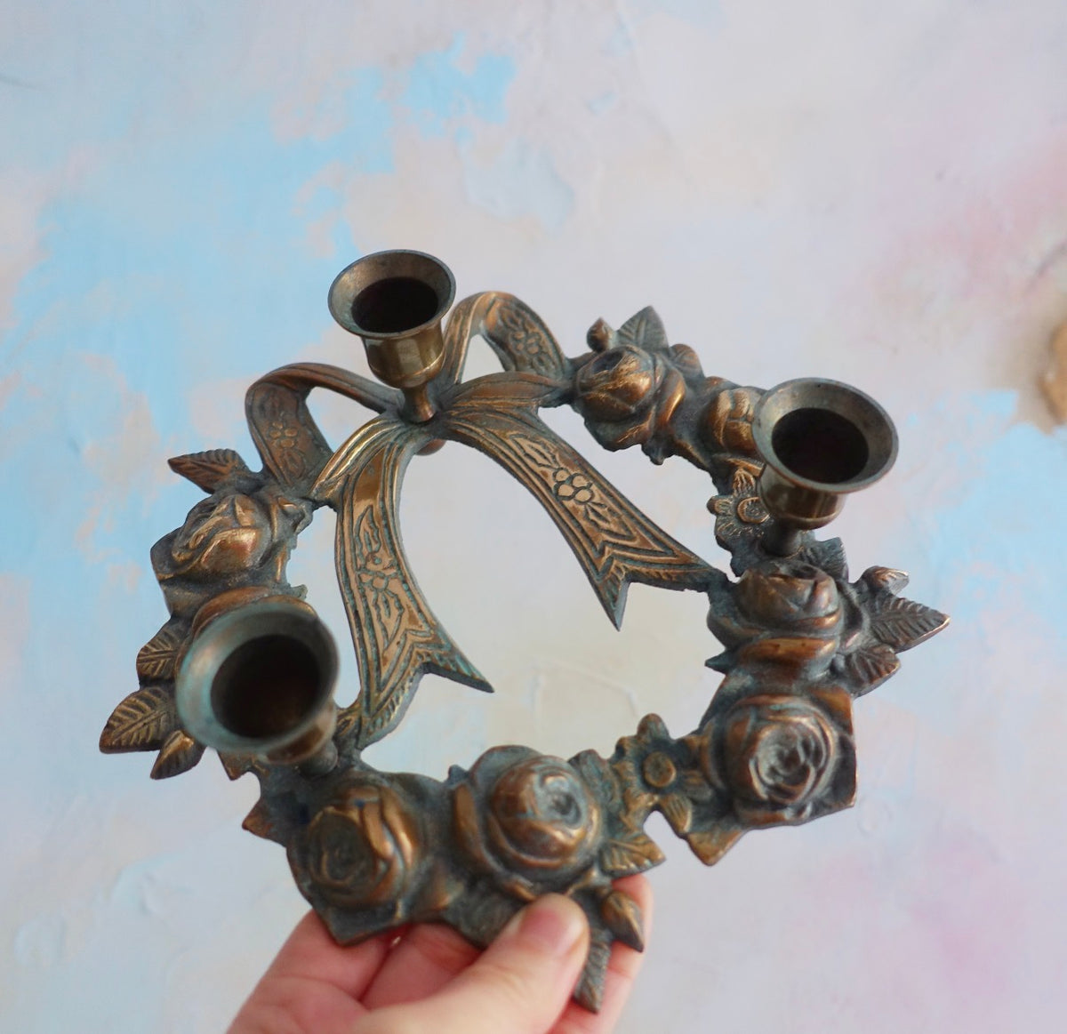 Brass bow Christmas centrepiece candle holder