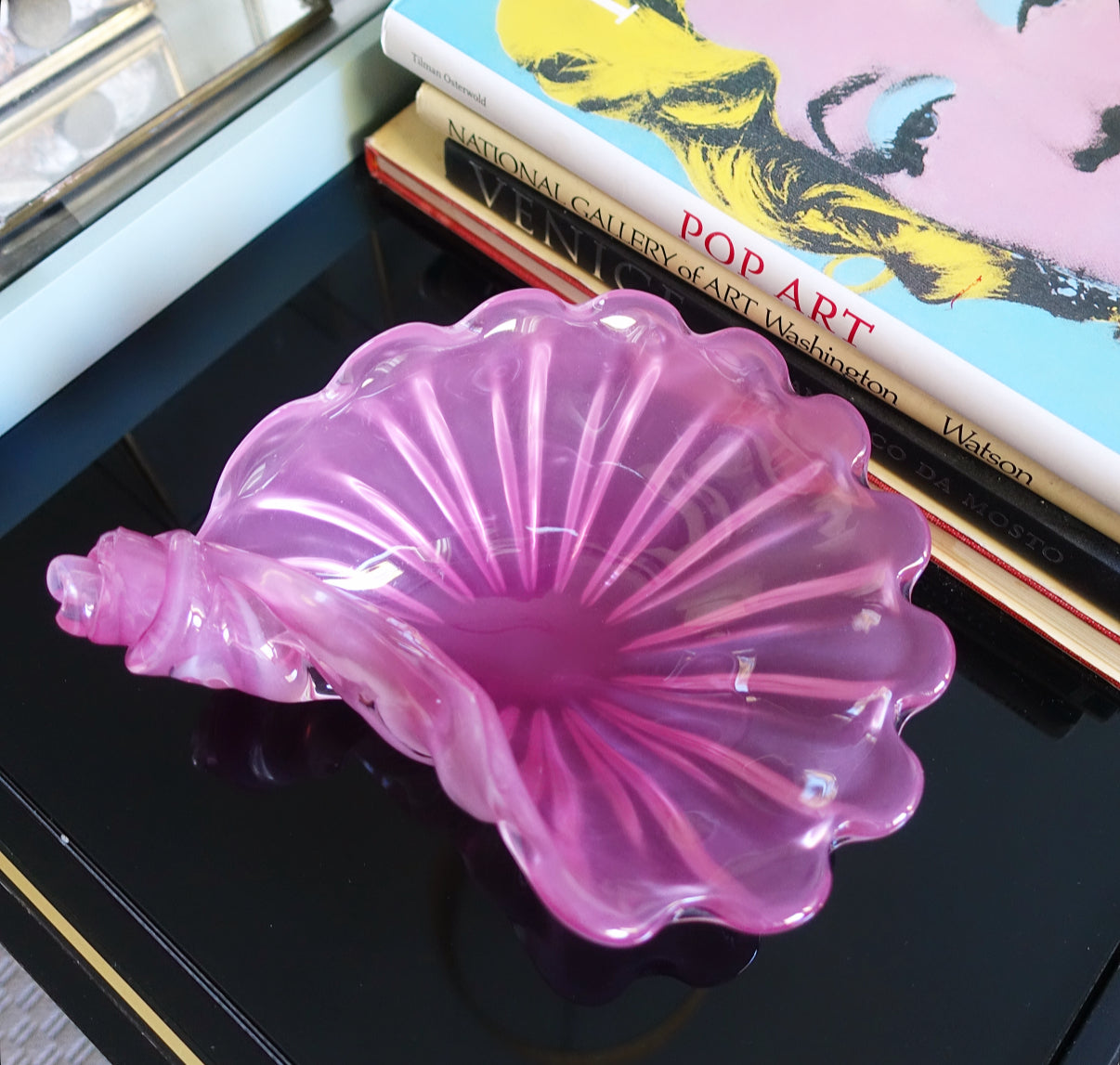 Pink Murano glass conch shell bowl