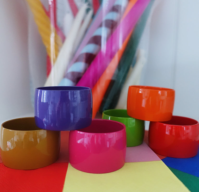 Set of six MCM rainbow napkin rings