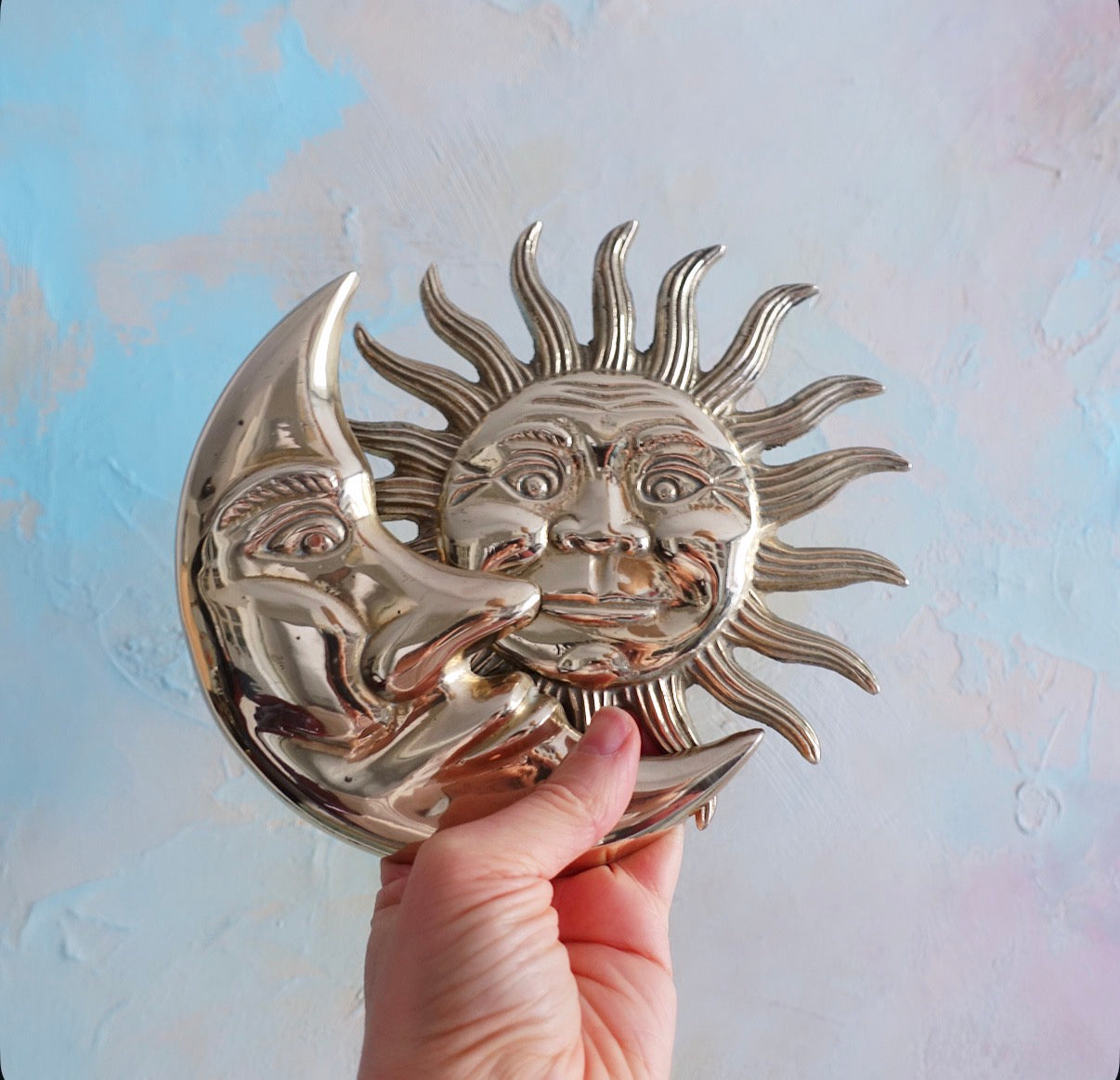 Brass sun & moon wall plaque set
