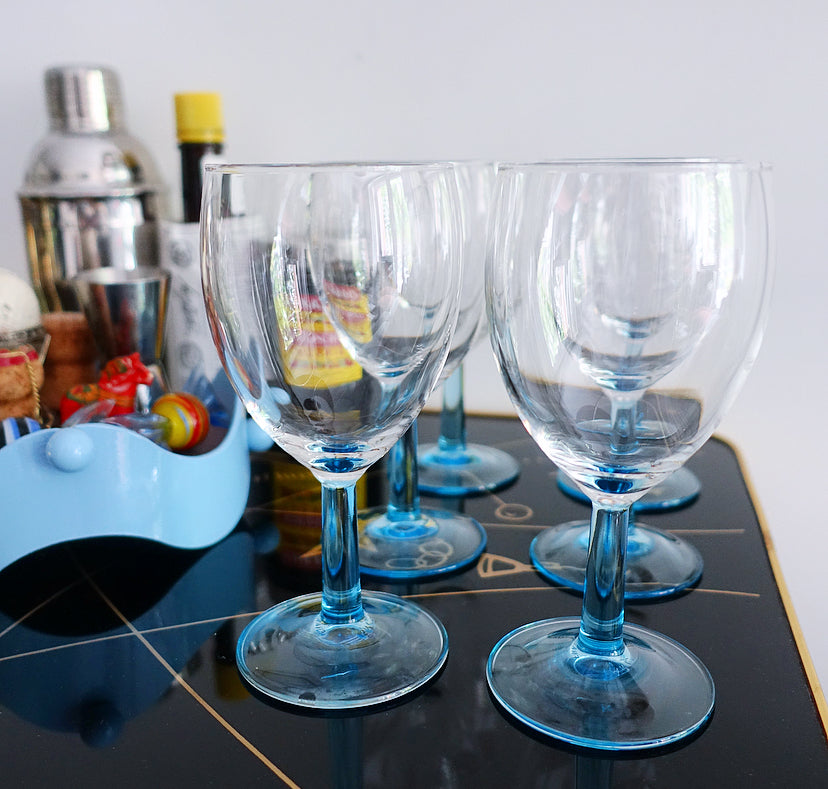 Set of six blue stem wine glasses