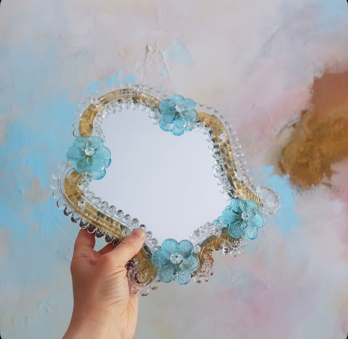 Blue Murano glass flower vanity mirror