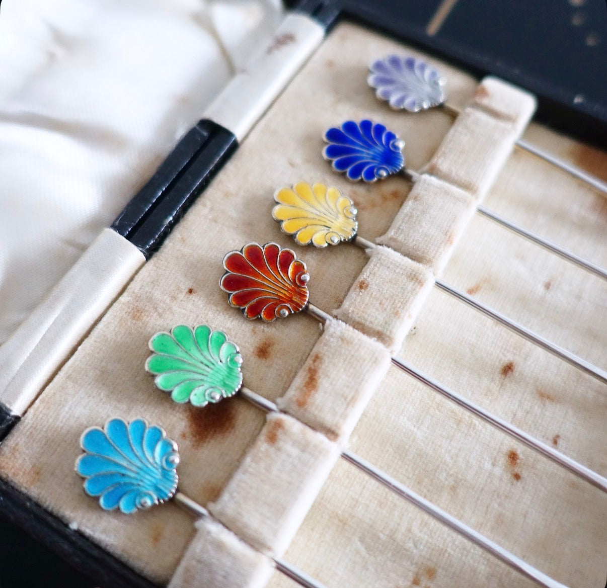 Silver hallmarked & rainbow enamel shell cocktail stick set