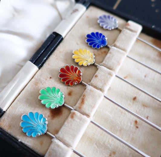 Silver hallmarked & rainbow enamel shell cocktail stick set