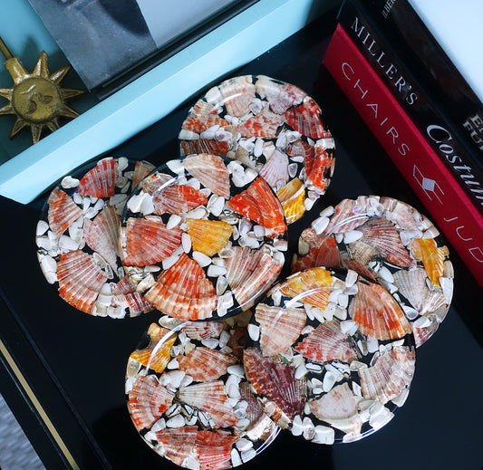 Set of six shell & lucite coasters