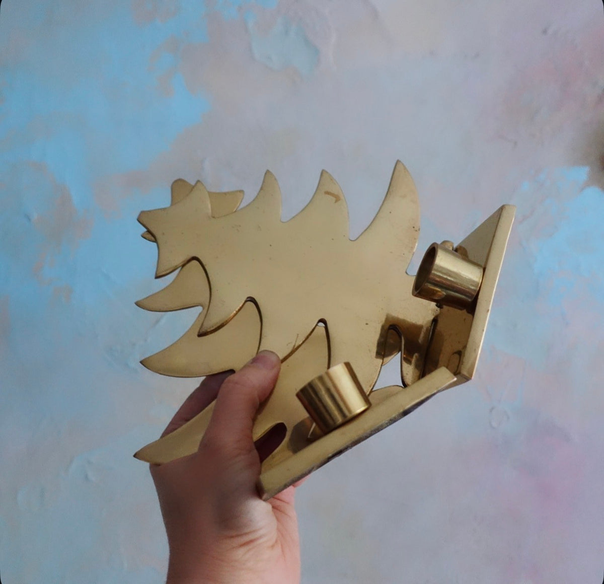 Pair of large brass Christmas tree candle holders