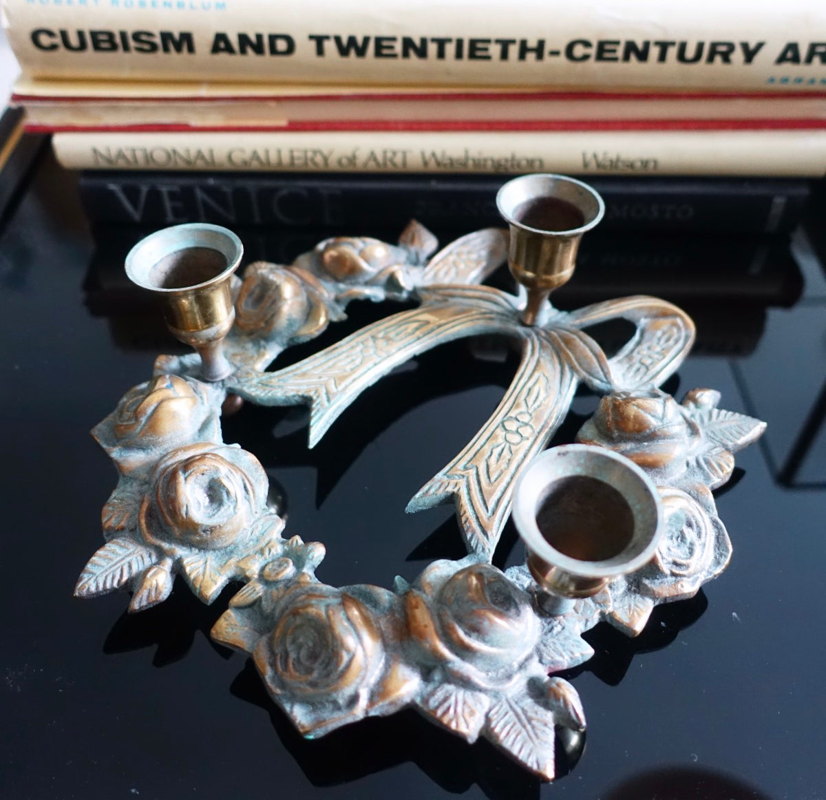 Brass bow Christmas centrepiece candle holder