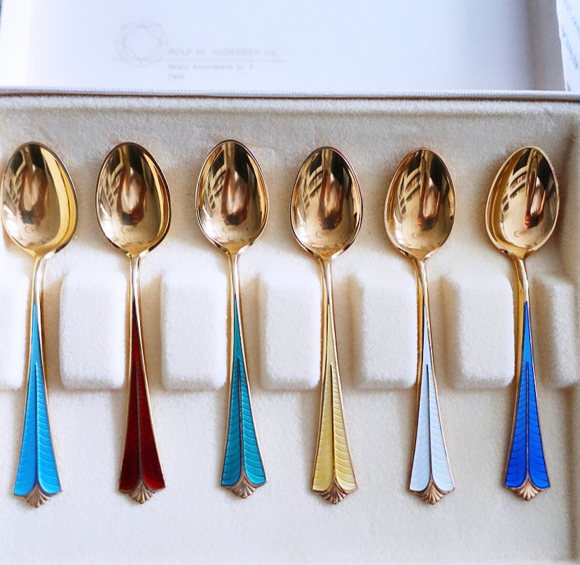 David Andersen Sterling silver gilt & rainbow Guilloché enamel spoons with shell detailing