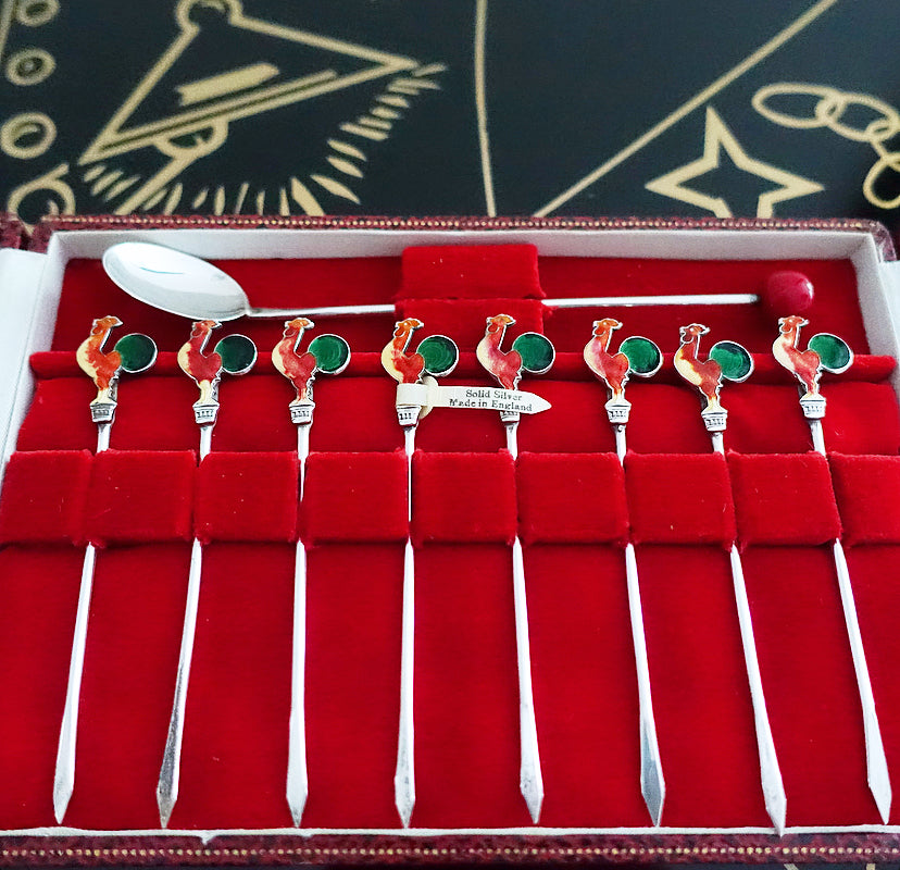 Silver & enamel cocktail stick set