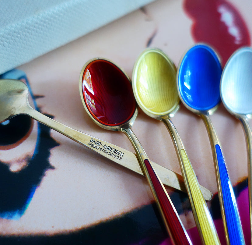 David Andersen Sterling silver gilt & rainbow enamel spoons