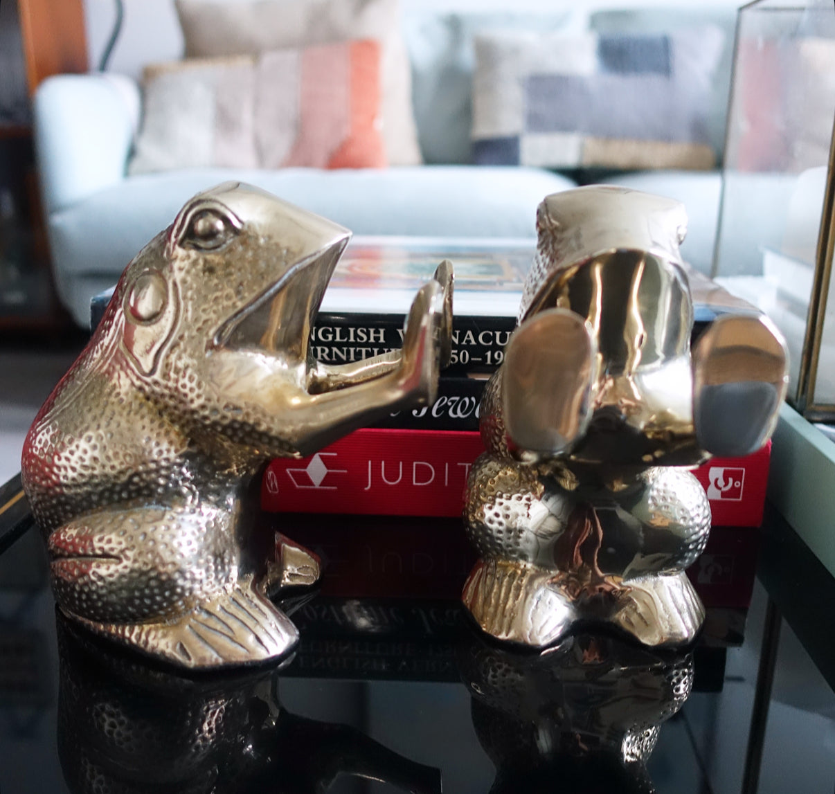 Pair of brass frog bookends