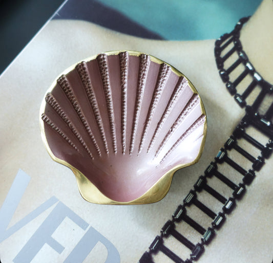 Pink enamel and brass scallop shell