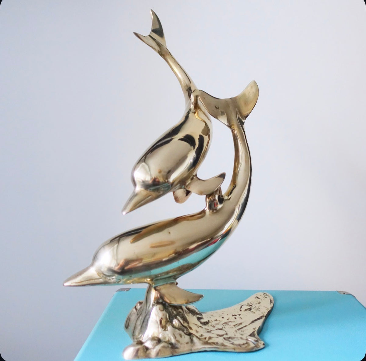 XL double brass dolphin sculpture